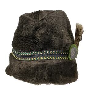 Vintage Union Made Furry Hat Solid Brown XL Medallion Winter Outdoor USA